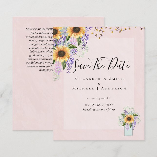 BUDGET SAVE THE DATES Rustic Sunflowers Purple (Front/Back)