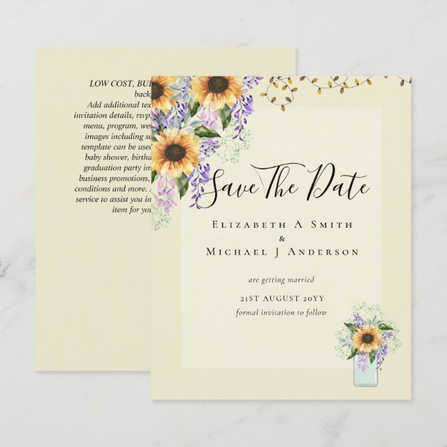 BUDGET SAVE THE DATES Rustic Sunflowers Purple (Front/Back)