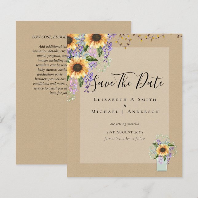 BUDGET SAVE THE DATES Rustic Sunflowers Purple (Front/Back)