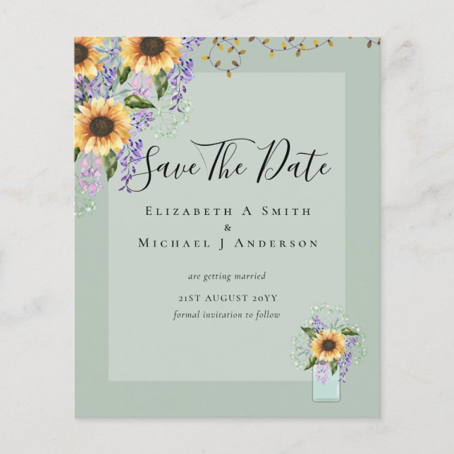 BUDGET SAVE THE DATES Rustic Sunflowers Purple Flyer (Front)