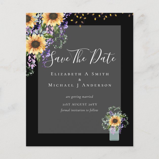 BUDGET SAVE THE DATES Rustic Sunflowers Purple Flyer (Front)
