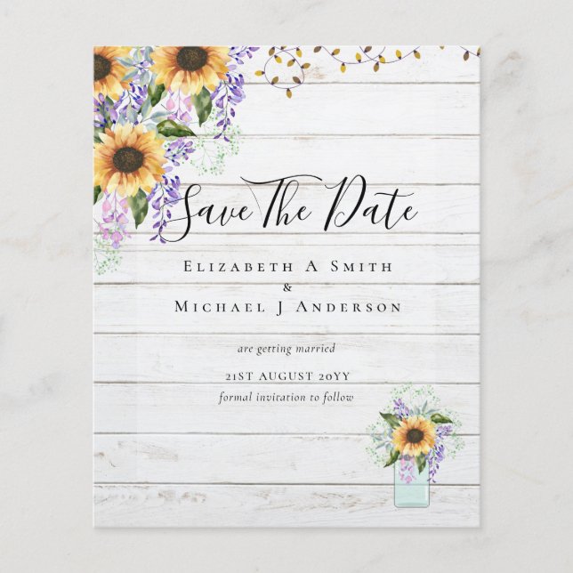 BUDGET SAVE THE DATES Rustic Sunflowers Purple Flyer (Front)