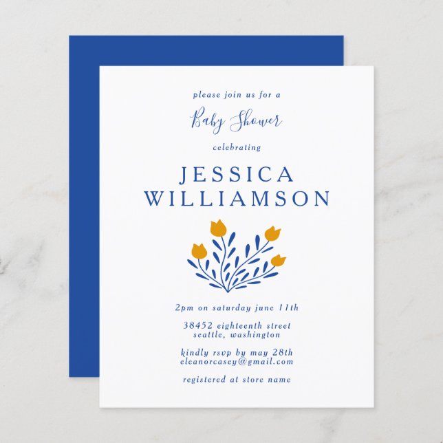 Budget Scandi Blue Floral Baby Shower Invite (Front/Back)