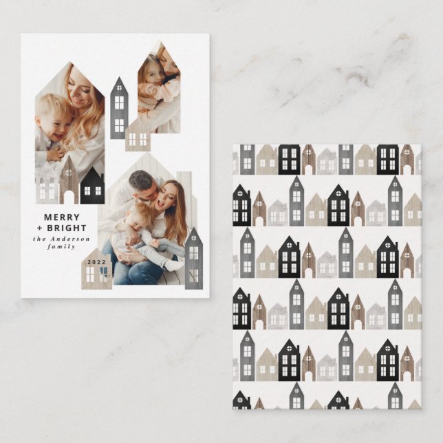 budget scandi Christmas Nordic houses 3 photo chic Card (Front/Back)