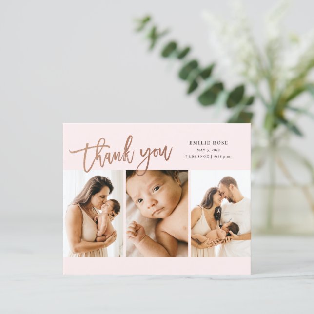 Budget Script 3 Photo Baby Thank You Card (Standing Front)