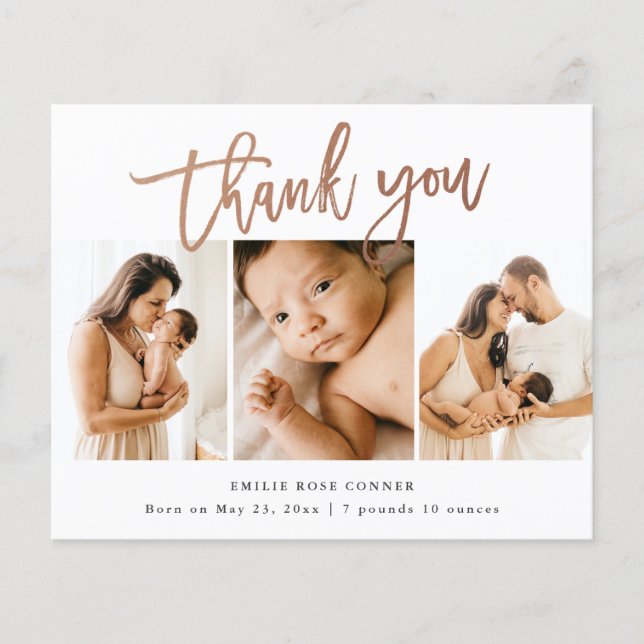 Budget Script 3 Photo Baby Thank You Card (Front)