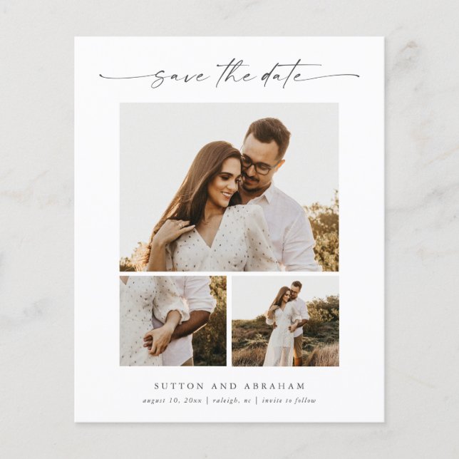 Budget Script 3 Photo Wedding Save the Date Card  (Front)