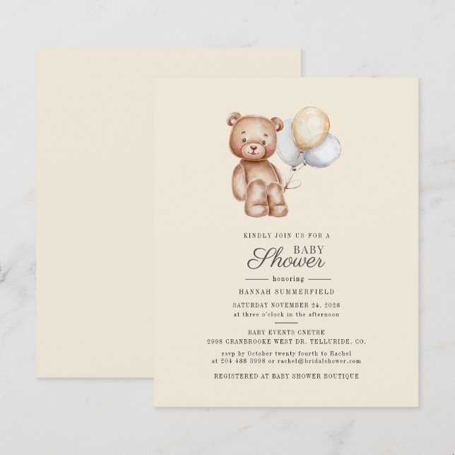 Budget Script Bear Balloons Baby Shower Invitation (Front/Back)