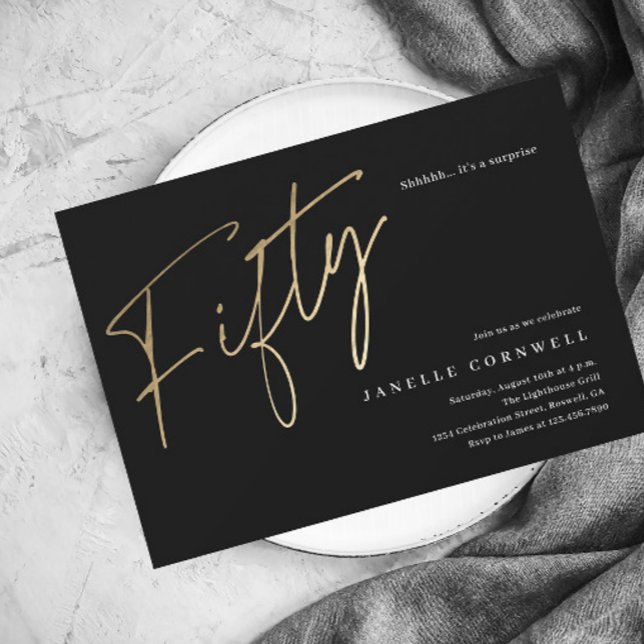 Budget Script Black Gold 50th Birthday Invitation (Creator Uploaded)