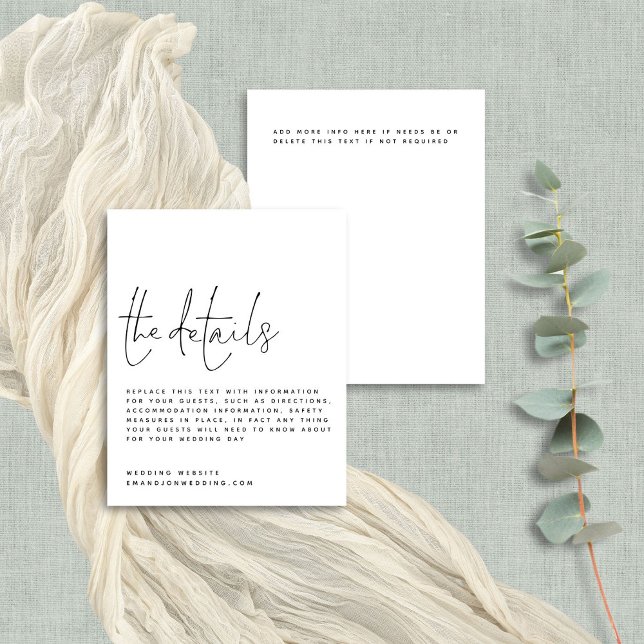 Budget Script Black White Wedding Details Encl (Front and back view. BUdget price smaller 4.5 x 5.6" alternative)