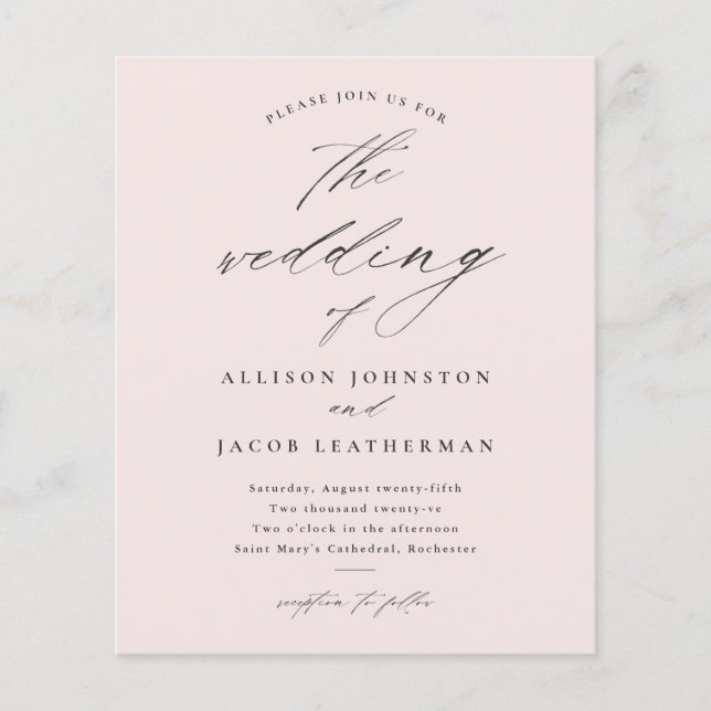 Budget Script Blush Pink Wedding Invitation (Front)