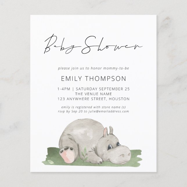 Budget Script Cute Hippo Baby Shower Invitation (Front)