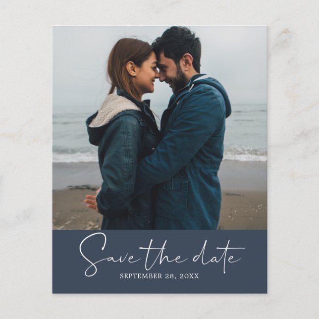 Budget Script Dark Blue Save the Date Photo Flyer (Front)