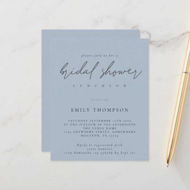 Budget Script Dusty Blue Bridal Shower Invite (Front/Back In Situ)