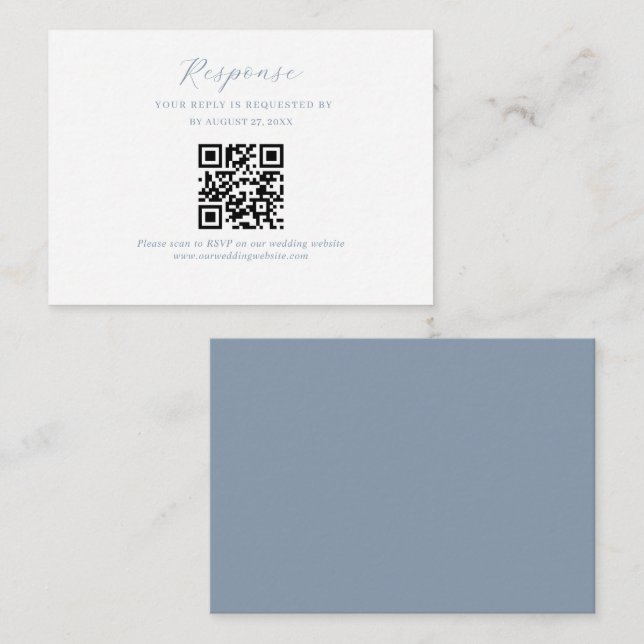 BUDGET Script Dusty Blue Wedding QR Code Rsvp Enclosure Card (Front/Back)