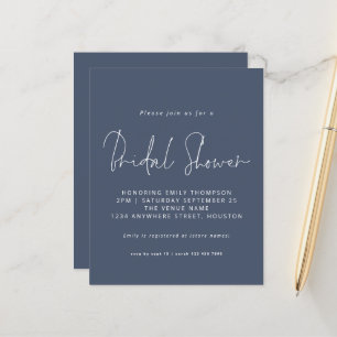 Budget Script Dusty Navy Blue Bridal Shower Invite