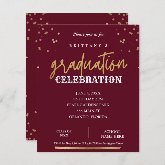 Budget Script Elegant Red Gold Graduation Invite (Front/Back)