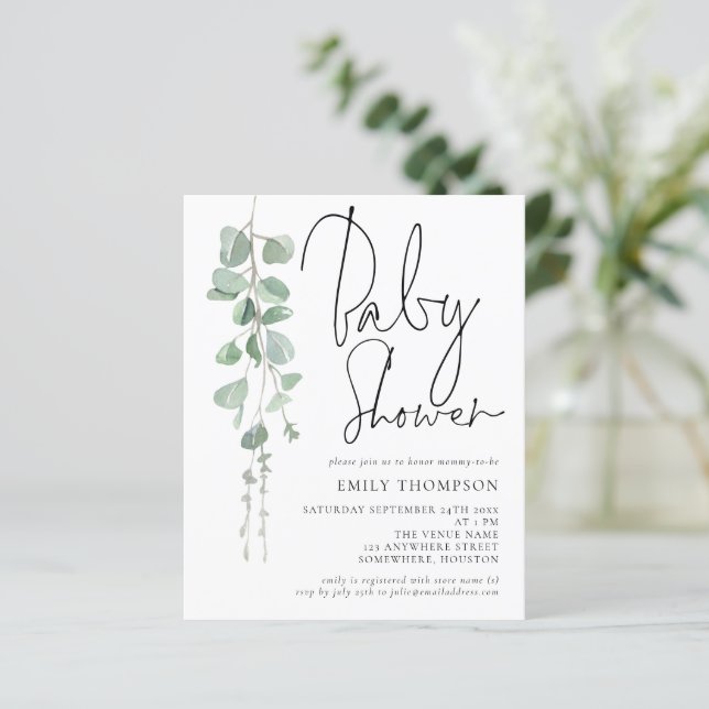 Budget Script Eucalyptus Baby Shower Invitation (Standing Front)