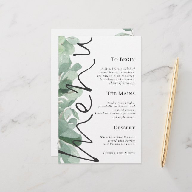 Budget Script Eucalyptus Leaves Wedding Menu (Front/Back In Situ)