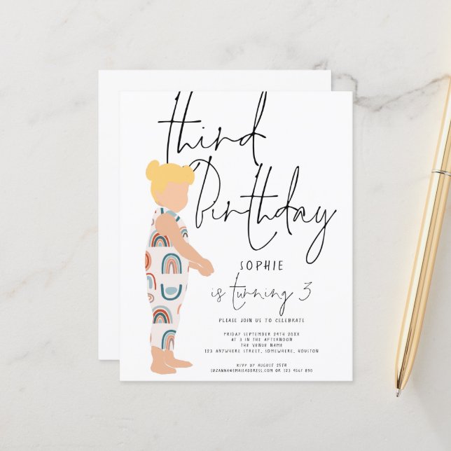 Budget Script Girl Blonde 3rd birthday Invitation (Front/Back In Situ)