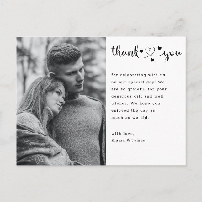 Budget Script Heart Photo Wedding Thank You Card (Front)