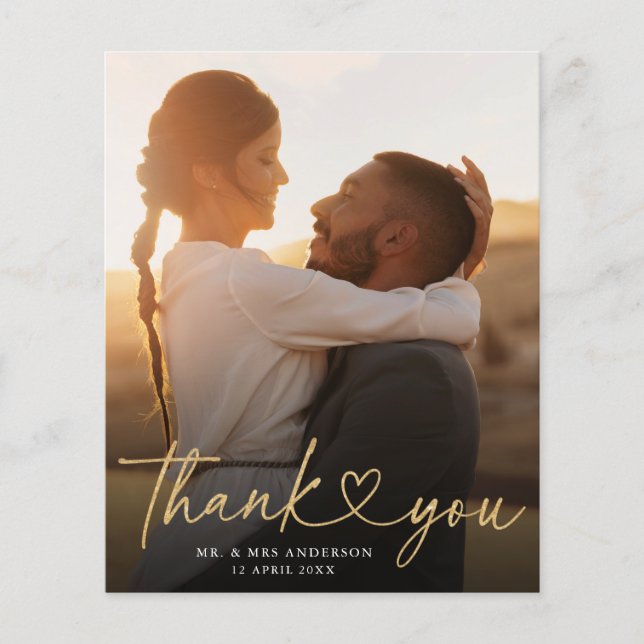 Budget Script Heart Wedding 2 Photo Thank You Card (Front)