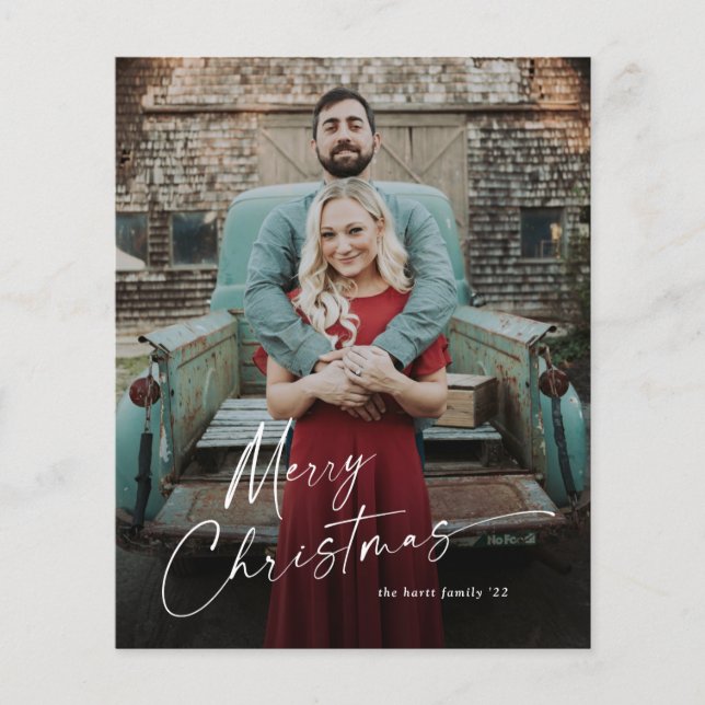 Budget Script Merry Christmas Photo Holiday Card (Front)