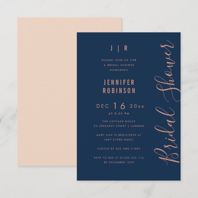 Budget Script Modern Bridal Shower Rose Gold Navy Invitation (Front/Back)