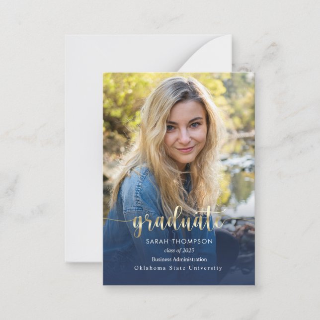 Budget Script Navy Blue Photo Collage Graduation Card (Front)