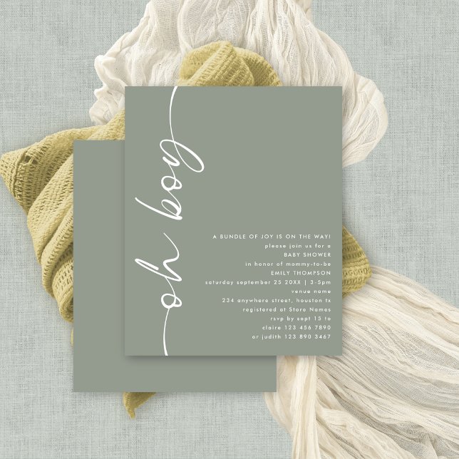 Budget Script Oh Boy Sage Baby Shower (Budget priced smaller 4.5 x 5.6" alternaive. There is ONE per sheet.)