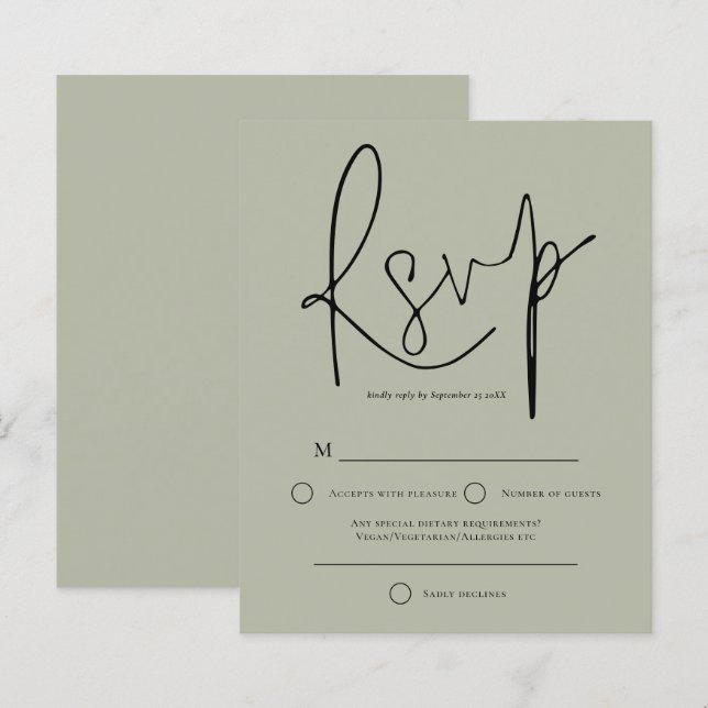 Budget Script Pale Sage Green Wedding RSVP (Front/Back)