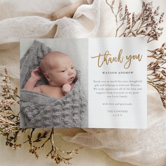 Budget Script Photo Baby Thank You Card (Elegant Gold Thank You Script Baby Photo Thank You Card.)