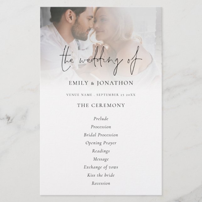 Budget Script Photo Black White Wedding Program (Front)