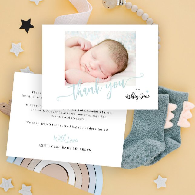 Budget script photo boy baby shower thank you card (This is a MINI note card - bigger sizes available)