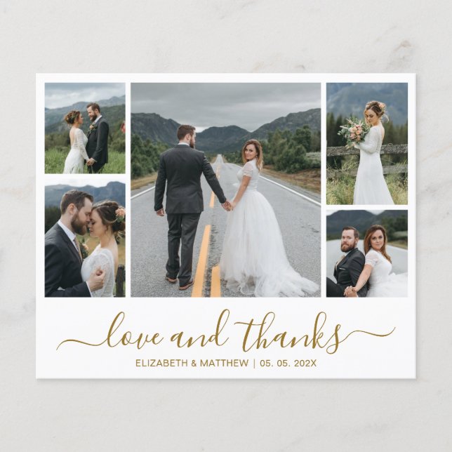 Budget Script Photo Collage Wedding Thank You Card (Front)