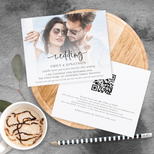 Budget Script Photo Overlay QR Code Wedding Invite (Creator Uploaded)