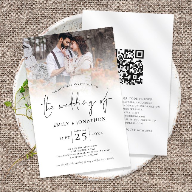 Budget Script Photo Overlay QR Code Wedding Invite (Front and back view. Larger size budget price invitation, part of a matching collection)