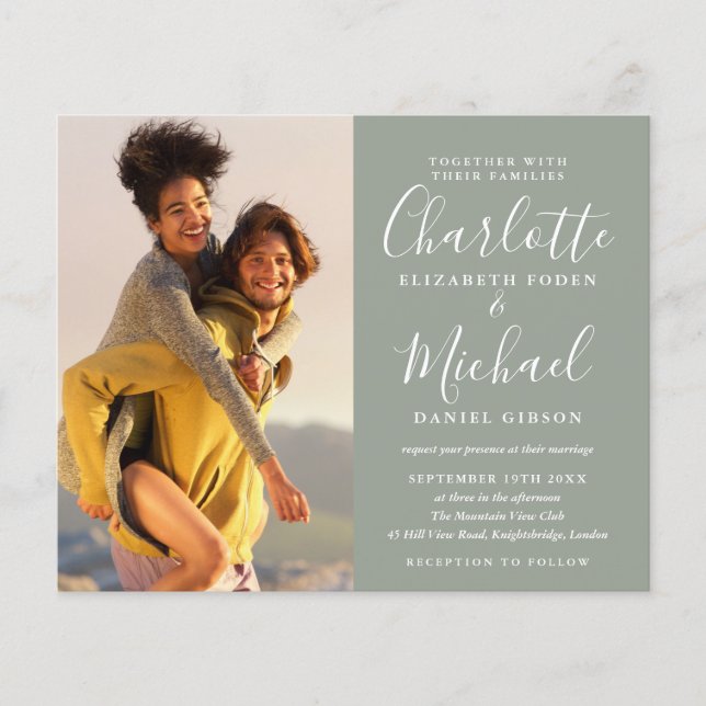 Budget Script Photo Sage Green Wedding Invitation (Front)