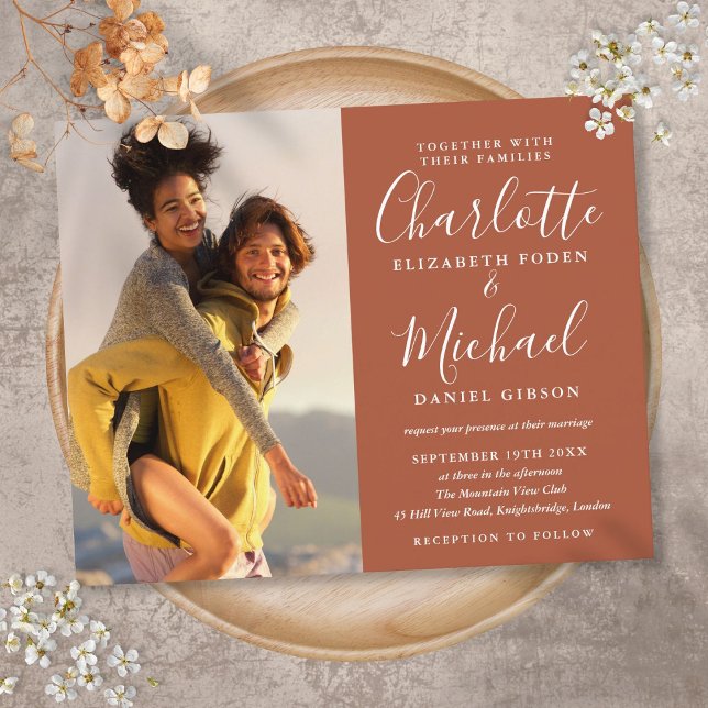 Budget Script Photo Terracotta Wedding Invitation (Creator Uploaded)