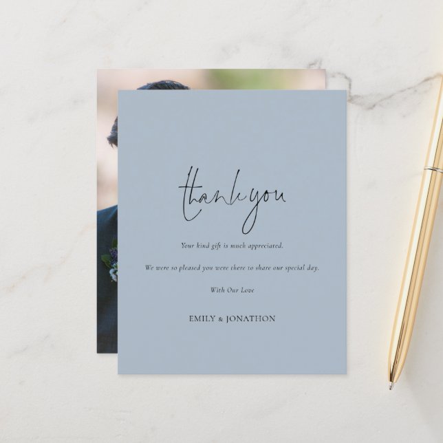 Budget Script Photo Wedding Blue Thank You (Front/Back In Situ)