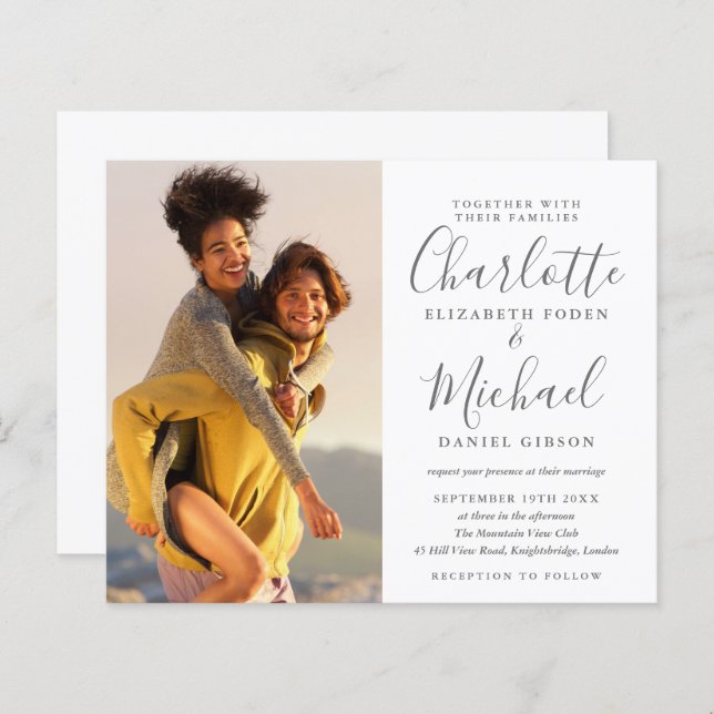 Budget Script Photo Wedding Gray White Invitation (Front/Back)