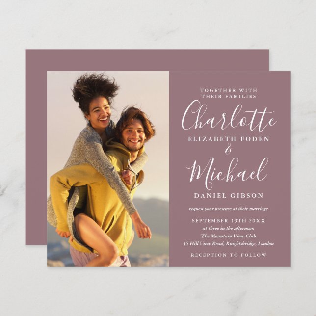 Budget Script Photo Wedding Mauve Invitation (Front/Back)