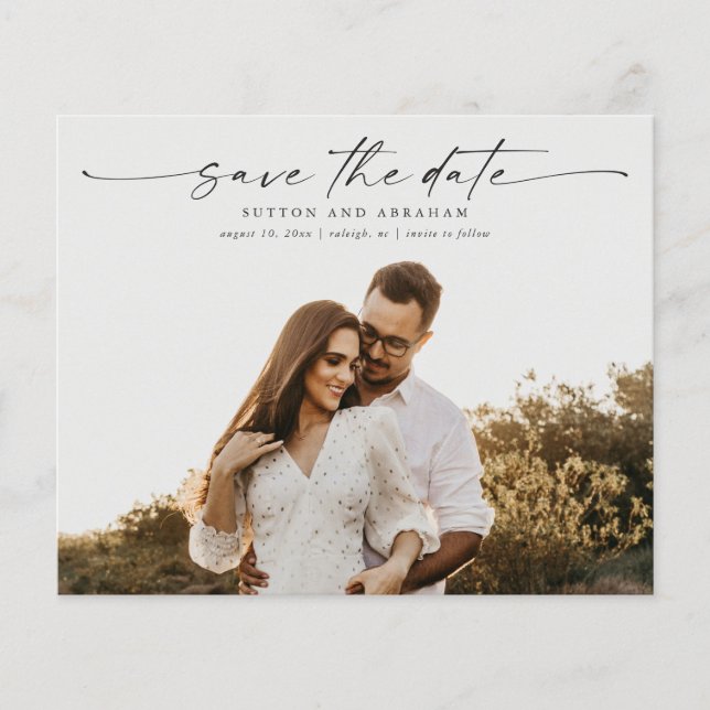 Budget Script Photo Wedding Save the Date Cards (Front)
