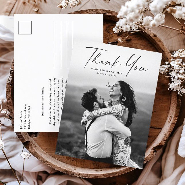 Budget Script Photo Wedding Thank You Card (Modern script wedding photo thank you postcard.)