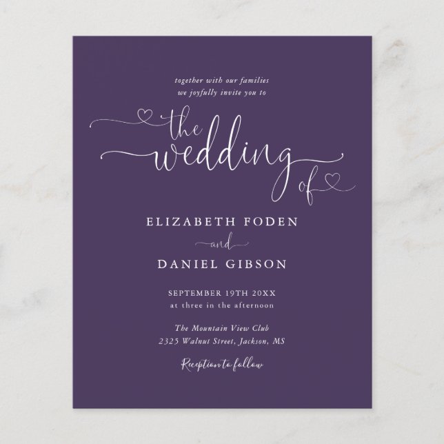 Budget Script Purple Wedding Invitation (Front)