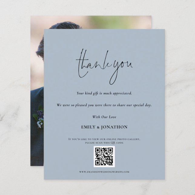 Budget Script QR Code Wedding Photo Blue Thanks (Front/Back)
