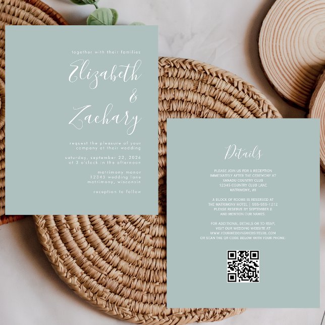 Budget Script Sea Glass QR Code Wedding Invitation (Creator Uploaded)