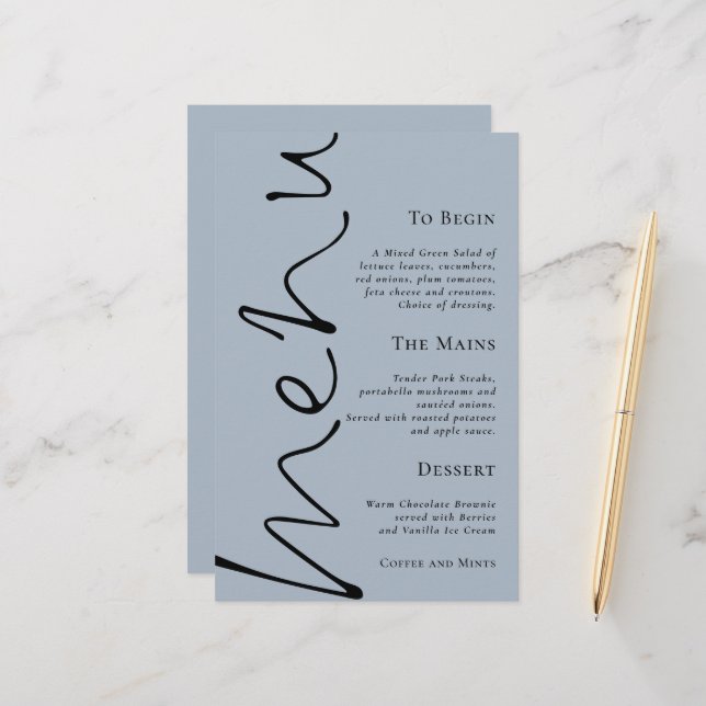 Budget Script Simple Dusty Blue Wedding Menu (Front/Back In Situ)
