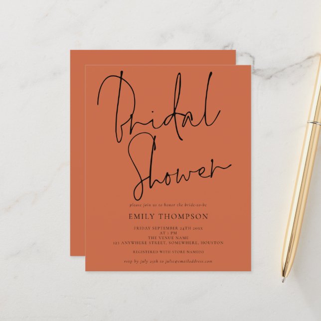 Budget Script Terracotta Bridal Shower Invitation (Front/Back In Situ)