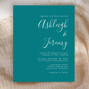 Budget Script Turquoise Blue Wedding Invitation